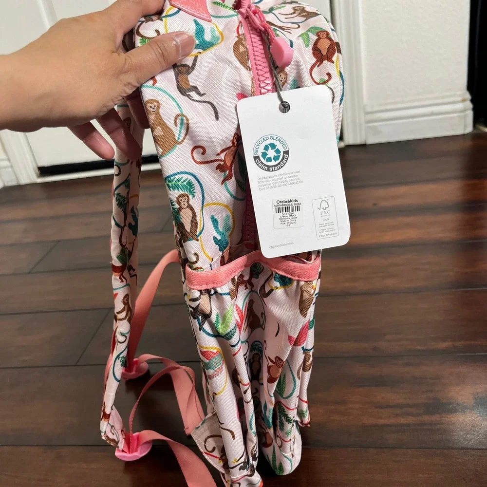 NWT Crate and Barrel Crate & Kids Cheeky Monkey Kids Backpack Side Pockets Large